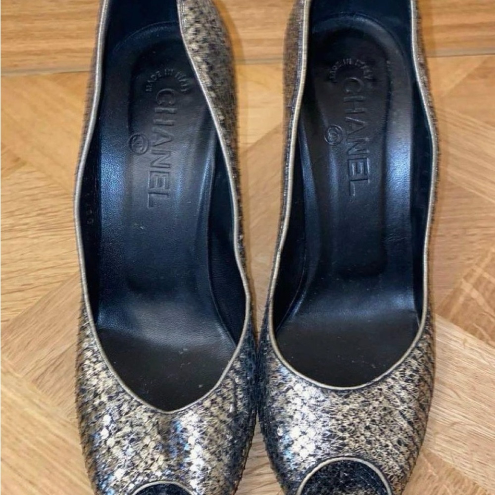 Authentic Chanel Python Leather Peep-Toe Heels - image 2